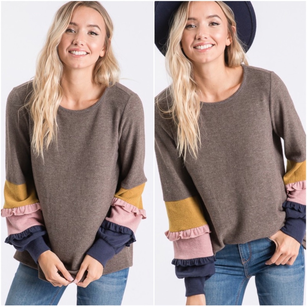 brown color block ruffle long sleeve top knit